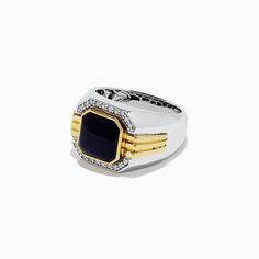 Effy Men's Sterling Silver Onyx and Diamond Ring, 2.60 TCW Classic Black Rings With Accent Stones, Formal Onyx Rings With Polished Finish, Luxury Onyx Rings For Formal Occasions, Formal Black Sapphire Ring With Polished Finish, Formal Black Sapphire Ring With Accent Stones, Formal Black Sapphire Ring, Formal Black Rings With Polished Edges, Luxury Black Sapphire Ring With Center Stone, Luxury Onyx Diamond Ring For Formal Occasions