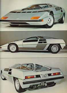 three different views of the back and side of a futuristic car, from top to bottom