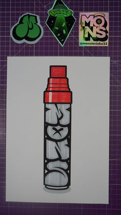 a drawing of a red and white spray bottle with stickers on the side next to it