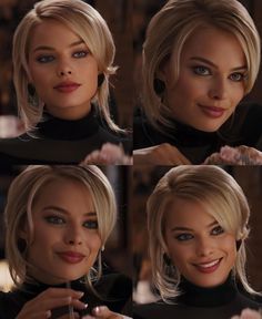 four different pictures of a woman with blonde hair and blue eyes, wearing black clothing