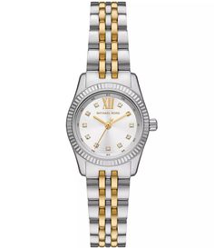 From Michael Kors&#x2C; the Women's Lexington Three-Hand Two Tone Stainless Steel Bracelet Watch features: Two tone stainless steel bracelet and case White sunray dial2 pusher foldover clasp closureThree-hand movementBand width approx. 14mmCase size approx. 26mmCase thickness approx. 8mm Inner Circumference: 175 /- 5mmWater Resistance: 10 ATMImported. Michael Kors Ring, Michael Kors Watch Silver, Michael Kors Lexington, Watches Women Michael Kors, 2024 Wishlist, Watches Women, Womens Watches Luxury, Two Tone Watch, Ladies Watch