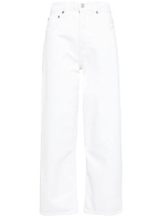 white organic cotton denim chambray high-waisted belt loops concealed fly and button fastening classic five pockets wide leg ankle-length High-rise White Jeans With Belt Loops, White Wide-leg Jeans With Five Pockets, Luxury White Wide-leg Flare Jeans, White Wide-leg Rigid Denim Bottoms, White Five-pocket Rigid Denim Bottoms, Yoko London, Versace Outfit, City Dress, Summer Beach Wear