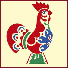 a red and blue rooster is standing in front of a white background with an ornate border around it