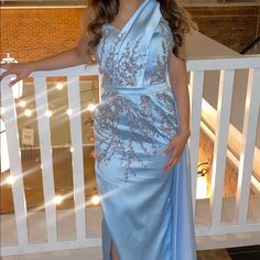 Satin Glacier Blue Dress With Silver Embellishment And Beating Blue Evening Gowns, Dress First, Blue Dress, Evening Gown, Beautiful Blue, Blue And Silver, Evening Gowns, Blue Dresses, One Shoulder