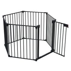 a black metal dog gate on a white background