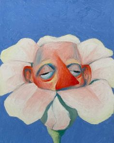 a painting of a person's face inside of a white flower on a blue background