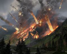 an artist's rendering of a massive explosion in the mountains