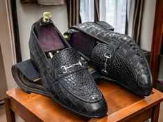 Bespoke Handmade Alligator Texture Leather Loafers, Black Round Toe Dress Formal Slip On Moccasins For Men Condition New With Box Material Leather Colour Black  (Customizable) Inner Material Leather Lining Sole Leather Style Alligator Texture  Loafers Handling 7-10 days Fitted Black Dress Shoes With Crocodile Pattern, Office Leather Shoes With Crocodile Pattern, Black Leather Shoes With Crocodile Pattern For Business, Fitted Crocodile Pattern Loafers For Business, Luxury Black Dress Shoes With Crocodile Pattern, Black Crocodile Pattern Leather Shoes For Office, Black Crocodile Pattern Leather Shoes For Business, Black Crocodile Pattern Loafers For Work, Business Black Loafers With Crocodile Pattern