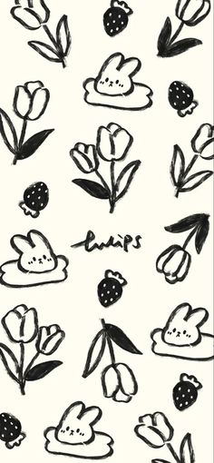 black and white drawing of flowers with the words spring written in it's center