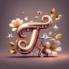 the letter j is surrounded by stars and flowers in gold, silver, and pink