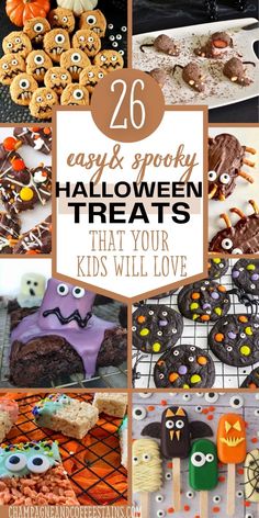 collage of different halloween treats for kids Halloween Cookie Recipes Easy, Halloween Treats For Teachers, Easy Kid Recipes, Easy Halloween Treats For Kids, Treats For Teachers, Easy Halloween Cookies Recipes, Spooky Cupcakes, Easy Halloween Treats, Recipes Halloween