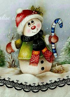 a painting of a snowman holding a candy cane