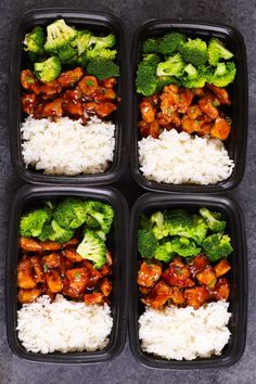 four plastic containers filled with rice and broccoli on top of a gray surface