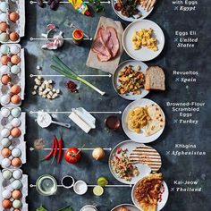 an image of a table with eggs and other food items on it, including meats