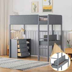 a loft bed with desk and drawers in the corner, next to a rug on the floor