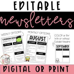 the editable newslettes for digital or print is shown in pink and black