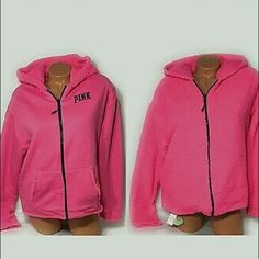 Nwt Victoria Secret Pink Reversible Sherpa Hoodie Jacket Hot Pink Medium Condition Is New With Tags Pink Hooded Fleece Jacket For Spring, Casual Pink Fleece Jacket With Pockets, Pink Fleece Outerwear With Pockets, Pink Fleece Jacket For Cold Spring Weather, Pink Fleece Jacket For Spring Cold Weather, Pink Casual Hooded Jacket For Cold Weather, Pink Hooded Outerwear With Fleece Lining, Cozy Pink Hooded Fleece Jacket, Cozy Pink Outerwear With Drawstring Hood