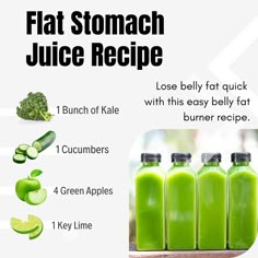 there are four green juices in bottles with the words flat stomach juice recipe on them