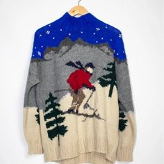 Guc And Rare Find! Hand Knit Lauren Ralph Lauren Man Skiing With Trees. Vintage Classic Winter Sweater From The 1990s Collections (I Believe). The Little Stars In The Sky Are Hand Embroidered And Have Some Texture. They Do Not Make Clothing Like This Anymore! Colors Are Still Rich And Vibrant. Low/Mock Turtleneck 100% Wool Size M Will Be Professionally Cleaned Before Mailing. It's So Beautiful, It's The Kind Of Piece That Would Be Framed At A Ralph Lauren-Esque Ski Lodge! Very Eclectic Grandpa/ Grandma Chic/ Coastal Grandma (If She Skis...) Photo Credit From A Vintage Site. More Pictures Coming Soon. No Stains. Tiny Hole In Sleeve That Can Be Mended. Hard To Find. This Sweater Is Tr Vintage Ski Sweater, Europe Vibes, Grandma Chic, Eclectic Grandpa, Stars In The Sky, Ralph Lauren Vintage, Ski Sweater, Ski Lodge, Coastal Grandma