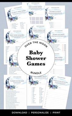 baby shower games with the text over the moon on it and an image of a bird