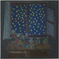 a drawing of a room with stars on the window sill and desk in front of it