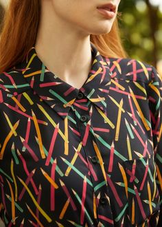 All About Me Button-Down Shirt | ModCloth Graphic Print Collared Shirt For Work, Multicolor Graphic Print Shirt For Work, Cozy Evening, All About Me, Cooler Weather, All About Me!, Tailored Trousers, About Me, Pullover Styling