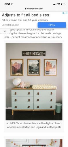 an image of a dresser with pictures on the wall above it and below it are two photos