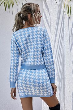 Sizing: True to size
Pattern: Houndstooth
Features: Long sleeve, button front top, ribbed cuff and hem, elastic banded waist, pencil hem, mini
Neckline: V-neck
Sheer: No
Stretch: Highly stretchy
Product measurements:

Top:
S: bust 37 in, length 19 in, shoulder 15 in, sleeve 23 in
M: bust 39 in, length 19 in, shoulder 15 in, sleeve 23 in
L: bust 40 in, length 19 in, shoulder 15 in, sleeve 24 in
Skirt:
S: waist 24-41 in, hip 33 in, length 16 in
M: waist 26-43 in, hip 35 in, length 16 in
L: waist 2 Short Pollera, Celebrity Prints, Sweater Skirt Set, Plaid Cardigan, Knitted Suit, Blue Sweater, Plaid Tops, Sweater Set, Knit Skirt