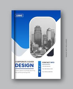 a blue and white business brochure with cityscape in the back ground