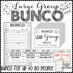 the large group bunco game is shown in black and white, with dices on it