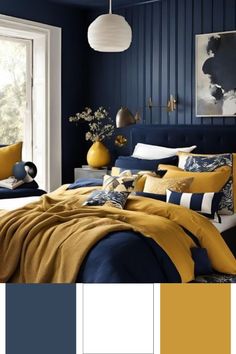 a bedroom with blue walls and yellow bedding in the center, along with white pillows