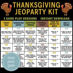 a thanksgiving party game with the words, thanksgiving jeoparty kit and 3 game play versions instant