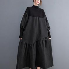 Women's Oversized Turtleneck Patchwork Pullover A Line Funky Ruffle Hem Dress Runs Shorter Than Looks On Model New With Tags Oversized Black Patchwork Dress, Black Patchwork Dress For Fall, Oversized Black Dress, Dresses Over Pants, Physical Project, Black Aline Dress, Brown Cotton Dress, Pink Linen Dress, Dress Over Pants