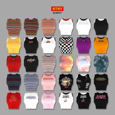 many different types of tank tops in various colors and sizes, all with the same logo on