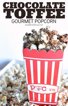 chocolate toffee gourmet popcorn in a red and white striped box