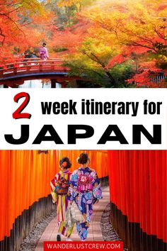 two people walking down a path with the words, 2 week itinery for japan