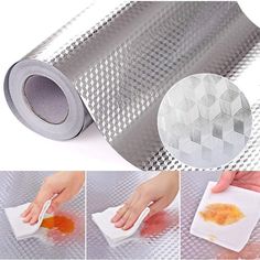 four pictures showing how to use a roll of duct tape on a surface with orange peels