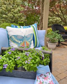 a butterfly pillow sitting on top of a blue couch next to flowers and potted plants