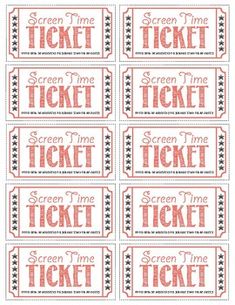 four red and white tickets with the words screen time ticket on them, all in different sizes