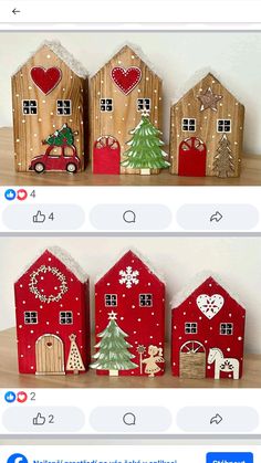 two pictures of christmas houses on top of each other, one is red and the other is brown