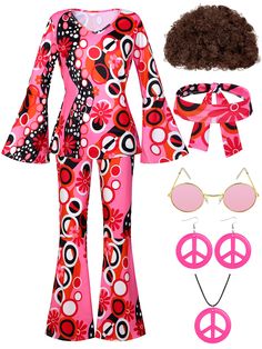 PRICES MAY VARY. Great combo package: you will receive 1 pack of hippie top, 1 pair of flared pants, 1 piece of headband, 1 peace of peace sign necklace, 1 pair of peace sign earrings, 1 pair of pink glasses and 1 piece of brown wig, in a total of 7 packs, retro and chic, suitable for most occasions Premium material: the hippie printed top and flared bottoms are made of polyester and spandex, soft, comfortable and stretchy, highly accommodating to the figure, making the legs look longer and slen 60s Halloween Costume, 60s Halloween, Hippy Costume, 70s Party Outfit, Tie Dye Headband, Easy Couples Costumes, Hippie Costume Halloween, Peace Sign Earrings