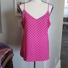 Pink With Black Polka Dots Camisole. Adjustable Straps And Lined. Gorgeous! Pink Sleeveless Top For Day Out, Pink Sleeveless Blouse For Day Out, Pink Camisole With Spaghetti Straps For Day Out, Chic Pink Tank Top With Spaghetti Straps, Pink Sleeveless Blouse Camisole For Spring, Pink Spaghetti Strap Camisole For Day Out, Pink Sleeveless Tank Top For Night Out, Chic Pink Tank Top Vest, Pink Tank Camisole For Night Out