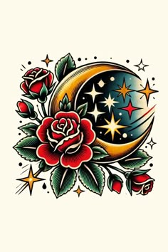 an old school tattoo design with roses and stars on the moon in the night sky