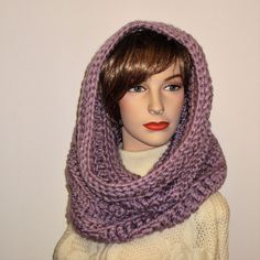 This large, chunky circular scarf can be pulled up over your head. Made from chunky acrylic yarn in a soft lavender purple, this women's circle scarf is a lovely complement to your fall and winter accessories, perfect for those windy, chilly days. It can be worn over the head or simply around the neck and is incredibly soft to the touch.  Dimensions: 16 inches tall and a circumference of 30 inches Yarn is 100% acrylic made in the USA by Lion Brand Care Instructions: Place scarf in large undergarment bag and wash in cold water. Tumble dry on lowest setting for a few minutes and then lay flat to dry. This will keep your scarf looking like new. All items are photographed to show the actual color as close as possible; your monitor settings may present them differently than the original. Yarn s Purple Yarn Scarf, Winter Knit Infinity Scarf, One Size Purple Winter Scarves, Purple Crochet Scarves One Size, Purple Crochet Scarf One Size, One Size Purple Crochet Scarf, Purple Crochet Yarn Scarves, Purple Knitted Winter Scarves, Crochet Infinity Scarf For Fall