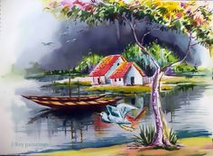 a painting of two boats in the water near a house and tree with birds flying around