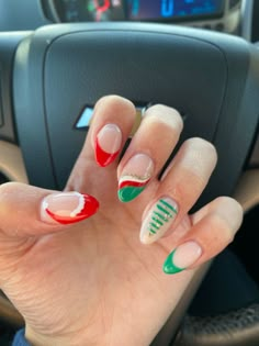 Preppy Nail Ideas Christmas, Simply Christmas Nail Designs, Preppy Christmas Nails Almond, Easy Christmas Acrylic Nails, Cute Preppy Christmas Nails, Grinch French Tip Nails, Preppy Nails Christmas, Super Easy Christmas Nails, Mix And Match Nail Art