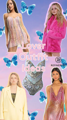 four different images of women in dresses and jackets, with the words lover outfit ideas on them