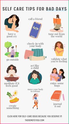 Bad days are a part of life, so it’s important to have some useful tools to live through them. This list of self-care ideas will allow you to move through your bad days without completely ignoring your emotions. Health Tools, Vie Motivation, Tough Day, Mental And Emotional Health, Self Care Activities, Self Motivation, Coping Skills