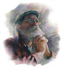 an old man with glasses and a hat is holding his hands to his chin while looking off into the distance