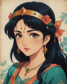 an anime character with long black hair wearing a tiara and holding a flower in her hand